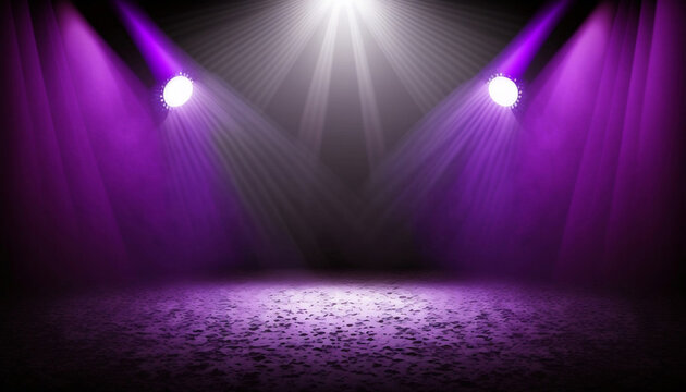 immerse yourself in an ethereal world: empty dark stage transformed with mist, fog, and grape spotlights, perfect for showcasing artistic works and products. generative ai