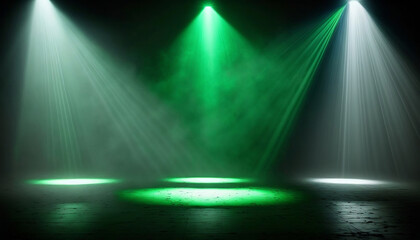 immerse yourself in an ethereal world: empty dark stage transformed with mist, fog, and green spotlights, perfect for showcasing artistic works and products. generative ai