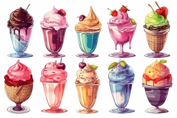 Set of vector cartoon icons of ice cream in different flavors, cups and with various toppings. Isolated illustrations on white background