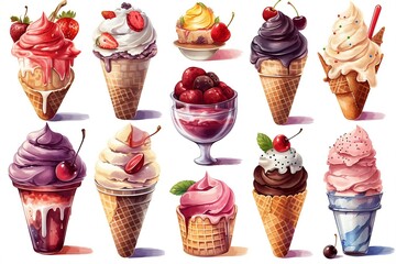 Set of vector cartoon icons of ice cream in different flavors, cups and with various toppings. Isolated illustrations on white background