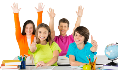 Friendly school children at school studying subject, gesturing thumbs up isolated on white