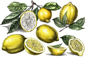Lemon citrus fruits vector illustration. Whole lemon and yellow fruits on branch with flowers and leaves among lemon halves, peel and cut pieces in cartoon style, isolated on white background