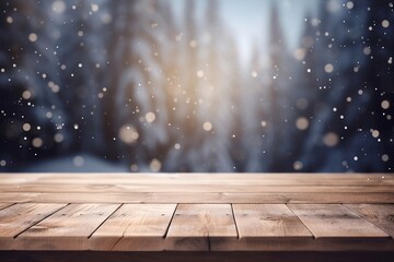 Empty Wooden Table on Snowy Background with Copy Space for Product Display