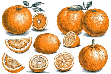 Orange citrus fruits vector illustration. Whole orange fruits on branch with flowers and leaves among orange halves, peel and cut pieces in cartoon style, isolated on white background