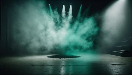 immerse yourself in an ethereal world: empty dark stage transformed with mist, fog, and mint smoke, perfect for showcasing artistic works and products. generative ai