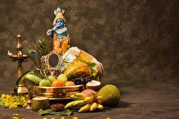  Vishu background with a beautiful Vishu kani, Konna poovu Selective focus