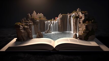 enchanted magic fairytale book with fantasy scene pop up on page, fairy forest with waterfall, Generative Ai