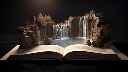 Papier Peint photo Cappuccino enchanted magic fairytale book with fantasy scene pop up on page, fairy forest with waterfall, Generative Ai