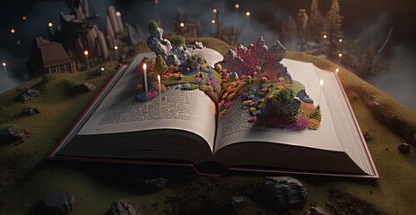 enchanted magic fairytale book with fantasy scene pop up on page, fairy garden, Generative Ai