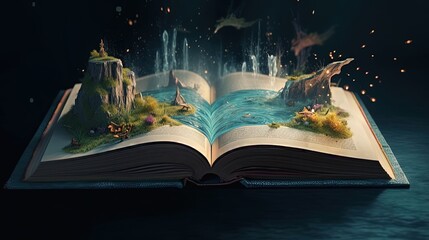 enchanted magic fairytale book with fantasy scene pop up on page, beautiful archipelago landscape , Generative Ai