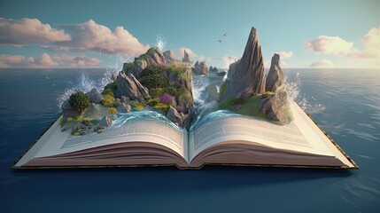 enchanted magic fairytale book with fantasy scene pop up on page, beautiful archipelago landscape , Generative Ai - obrazy, fototapety, plakaty