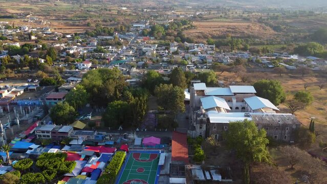 aerial view of zocalo and churches at dawn