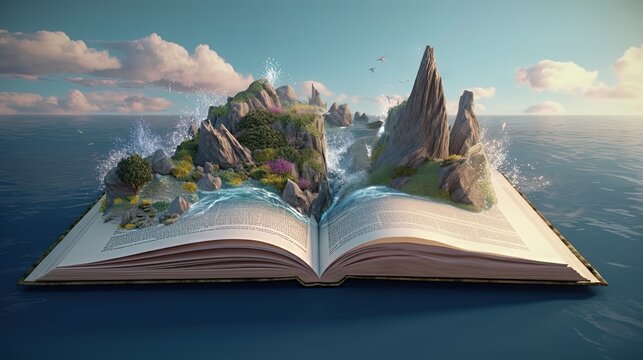 enchanted magic fairytale book with fantasy scene pop up on page, beautiful archipelago landscape , Generative Ai