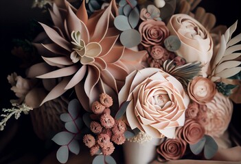 Beige leaves and blush pink flowers design bouquet. Beige and dusty rose, greenery. Wedding floral garland. Pastel watercolor. Generative AI