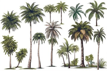 Fototapeta premium Palm trees isolated on white background. Beautiful vector palm tree set vector illustration
