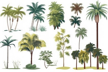 Palm trees isolated on white background. Beautiful vector palm tree set vector illustration