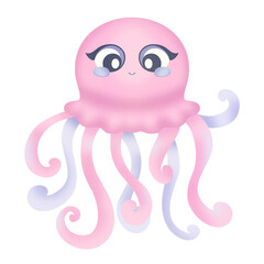 The happy octopus is smiling. Summer illustration on a transparent background.  Cute children's underwater animal