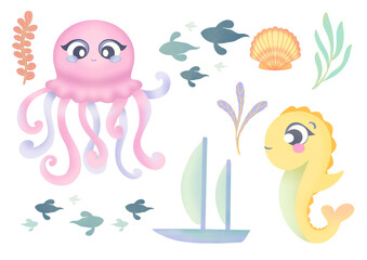 Underwater animal watercolor clipart.  cute cartoon seahorse, octopus, fish and algae. Set of illustrations on a transparent background