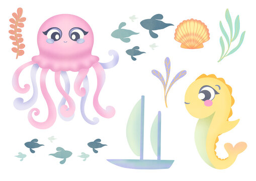 Underwater animal watercolor clipart.  cute cartoon seahorse, octopus, fish and algae. Set of illustrations on a transparent background