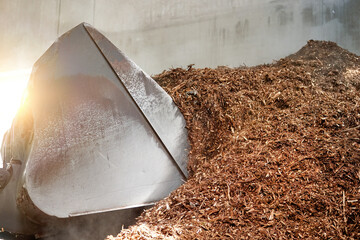 Solid Biomass fuel for combustion in a Biomass boiler of cogeneration power plant. A pile of wood chips and barks in fuel storage. Large wheel loader with   filling up the bucket for its transport. 