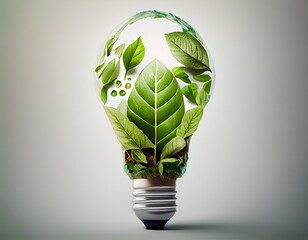 Obraz na płótnie Canvas Eco friendly lightbulb from fresh leaves top view, concept of Renewable Energy and Sustainable Living, Generative AI