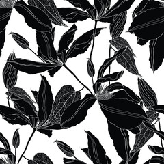 Clematis Flowers. Floral Tropical Seamless Pattern for Wallpaper, Print, Fabric, Textile. Summer Background with Blooming Black Flowers and Leaves.