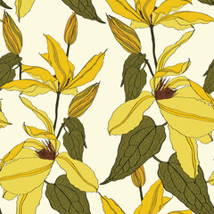 Cotton fabric Clematis Flowers. Floral Tropical Seamless Pattern for Wallpaper, Print, Fabric, Textile. Summer Background with Blooming Yellow Flowers and Leaves.