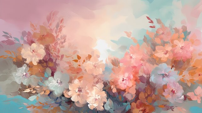 abstract flora background, beautiful spring pastel flowers garden in pastel tone color, pink, blue, orange, vintage dreamy tone color, Generative Ai