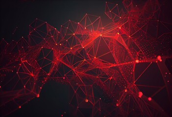 Abstract digital background with cybernetic particles. geometric background with triangular cells. Bright red digital illustrations with polygons on dark background. Plexus connected. Generative AI