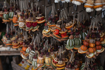 Fototapeta na wymiar souvenir shop with dry spice and fruit at the market. Artisanal eco food place
