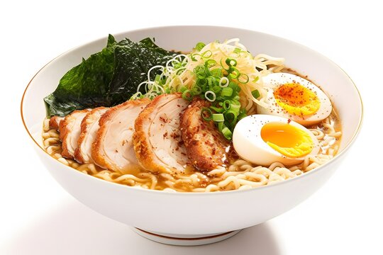 Halal tonkatsu ramen with pork, noodles, and savory broth in a mouth-watering photograph. Generative AI