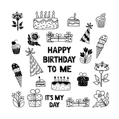vector, set, element, minimalism, birthday, happy, party, trendy, clipart, outline, line art, isolated, collection, sticker, gift, cake, celebration, flowers, balloon, hand drawn, funny, cupcake, cand