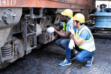 Railroad train maintenance engineer sitting inspection wheel transmission system and walkie talkie