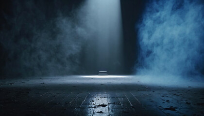 immerse yourself in an ethereal world: empty dark stage transformed with mist, fog, and navy blue spotlights, perfect for showcasing artistic works and products. generative ai