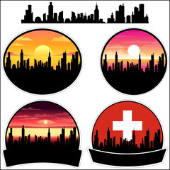 Grenchen Skyline Silhouette Switzerland Flag Travel Souvenir Sticker Sunset Background Vector Illustration SVG EPS AI