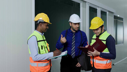 workers in warehouse, Supervisors and workers inspect products and plan product distribution in the factory warehouse.