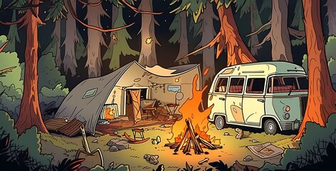 abandoned camp, abounded van, Camping site with tent, bonfire and camper van. Summer camp. Forest landscape with camping equipment. Adventure, nature, campfire, created with Generative AI tool