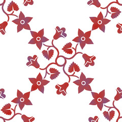 Seamless repeatable pattern. Leaves and flowers. Modern geometric Folk style. Colorful graphic design. 