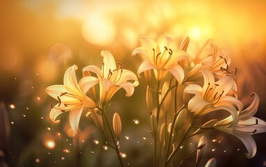 colorful sunset bokeh lilies background for free photo, in the style of light gold and gold, transparent/translucent medium