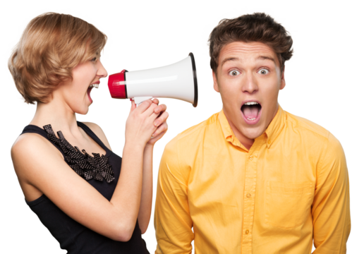 Angry young couple with megaphone on background - Powered by Adobe