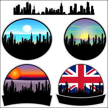 Hebburn Skyline Silhouette Uk Flag Travel Souvenir Sticker Sunset Background Vector Illustration SVG EPS AI