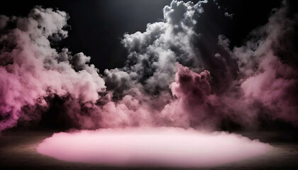 immerse yourself in an ethereal world: empty dark stage transformed with mist, fog, and pink smoke, perfect for showcasing artistic works and products. generative ai