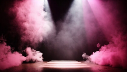 immerse yourself in an ethereal world: empty dark stage transformed with mist, fog, and pink smoke, perfect for showcasing artistic works and products. generative ai