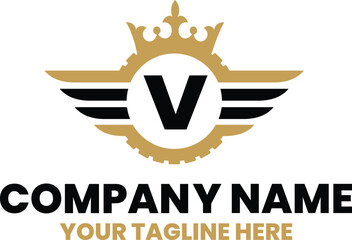 V initial letter with Wheel and crown premium logo design vector
