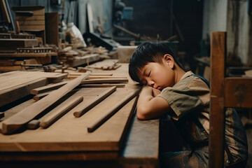 Exhausted little asian boy in uniform sleeping while working on factory at night against blurred background with copy space.