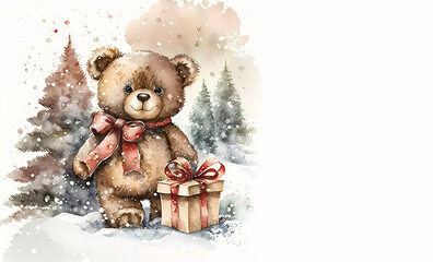 Bear with a gift. christmas tree, snow for christmas. Watercola. Banner. Generative AI