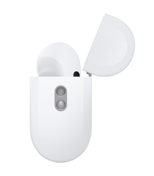 All New AirPods Pro 2nd Generation In MagSafe Charging Case, White Wireless Headphones, On White Background. The Brand-new H2 Chip