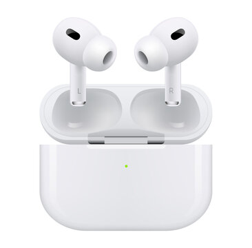 All New AirPods Pro 2nd Generation in MagSafe Charging Case, white wireless headphones, on white background. The brand-new H2 chip