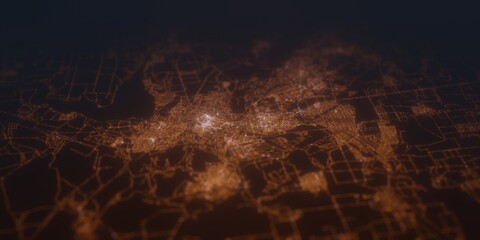 Street lights map of Kryvyi Rih (Ukraine) with tilt-shift effect, view from south. Imitation of macro shot with blurred background. 3d render, selective focus