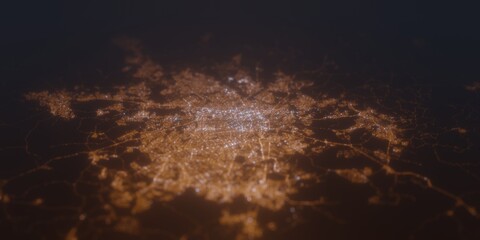Street lights map of Goiania (Brazil) with tilt-shift effect, view from south. Imitation of macro shot with blurred background. 3d render, selective focus